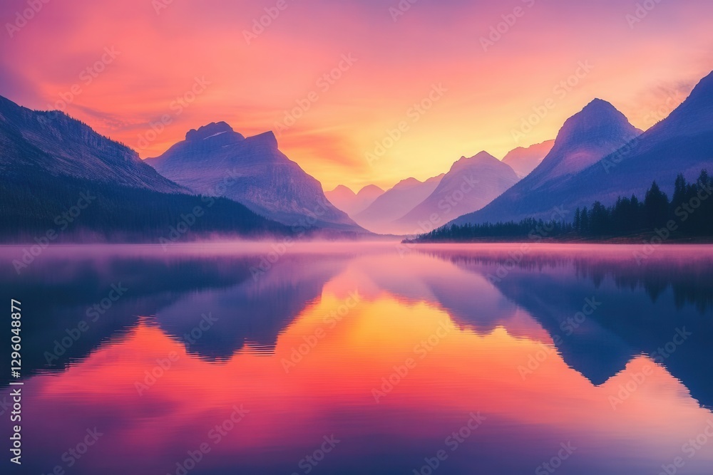 serene lake framed by towering mountains at dusk, fiery pink and orange hues reflecting on still water, misty air adding a mystical veil to the tranquil nature scene. serene lake framed by towering mountains at dusk, fiery pink and orange hues reflecting on still water, misty air adding a mystical veil to the tranquil nature scene.