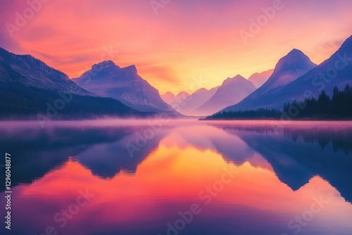 serene lake framed by towering mountains at dusk, fiery pink and orange hues reflecting on still water, misty air adding a mystical veil to the tranquil nature scene.
