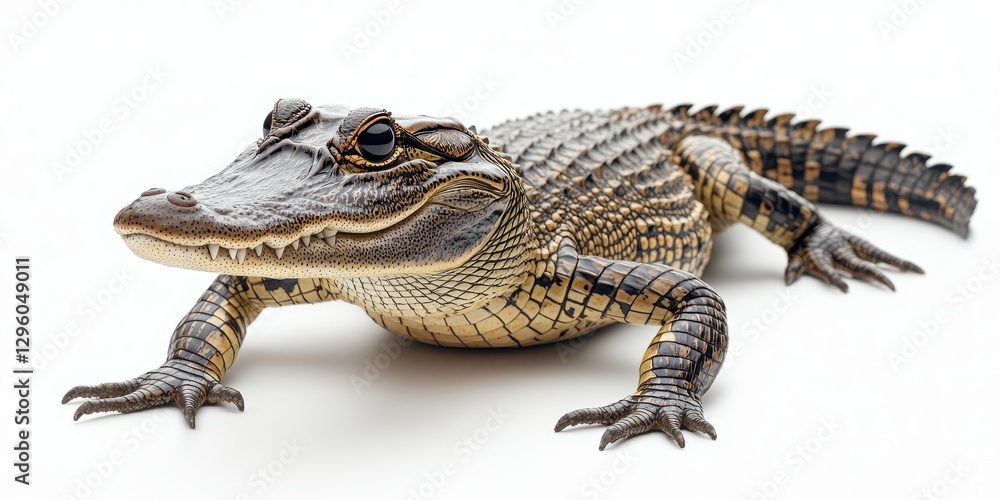 Naklejka premium Detailed Close-Up of a Young Alligator on a White Background Highlighting Texture, Color, and Features of a Reptile in a Studio Setting