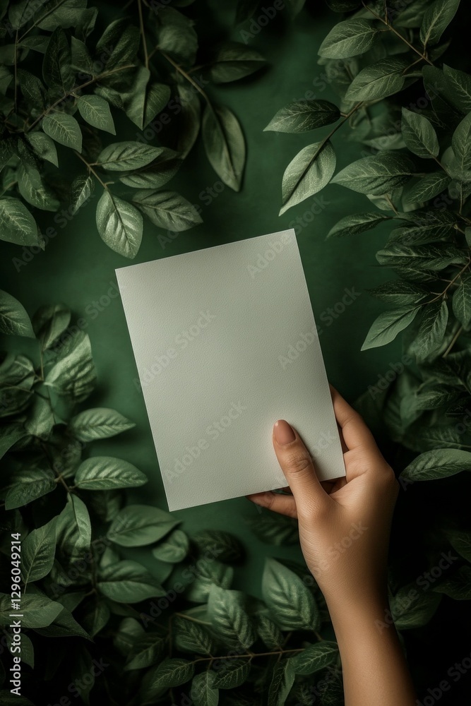 Woman's hand holds blank card, surrounded by lush green leaves. Woman's hand holds blank card, surrounded by lush green leaves.