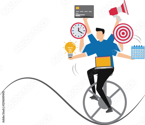 Businessman performing multitasking work Productive master, businessman riding unicycle juggling elements, laptop, calendar, ideas and emails.project management skill