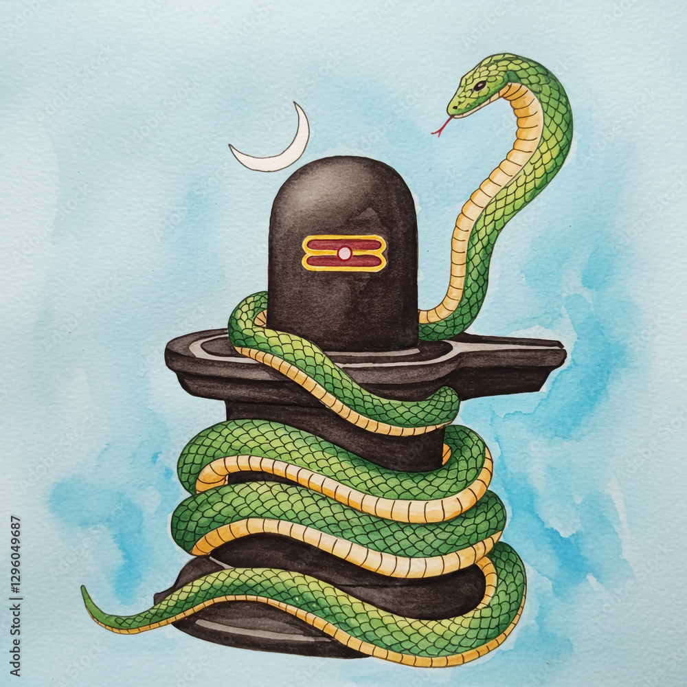Obraz premium Shiva Lingam with Snakes - Watercolor Illustration