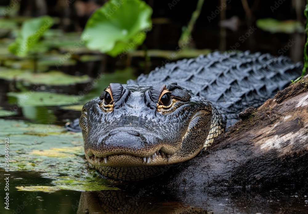 Fototapeta premium Detailed Close-Up of an Alligator Resting Among Lily Pads in a Serene Wetland Habitat, Showcasing Its Textured Skin and Intense Eyes