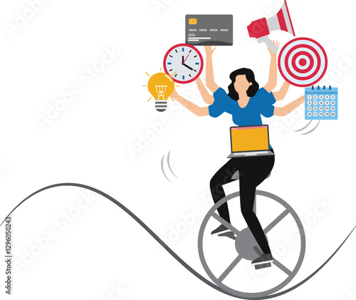 Businesswoman performing multitasking work Productive master, businesswoman riding unicycle juggling elements, laptop, calendar, ideas and emails.project management skill