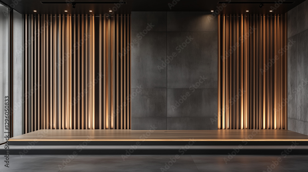 Obraz premium a modern room features a raised platform and a black wall with geometric panels