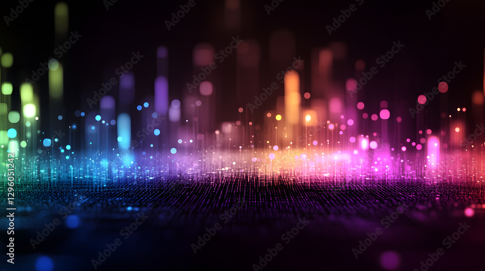 vibrant abstract representation of sound waves with colorful bokeh lights, creating dynamic and energetic atmosphere. visual evokes sense of rhythm and movement vibrant abstract representation of sound waves with colorful bokeh lights, creating dynamic and energetic atmosphere. visual evokes sense of rhythm and movement