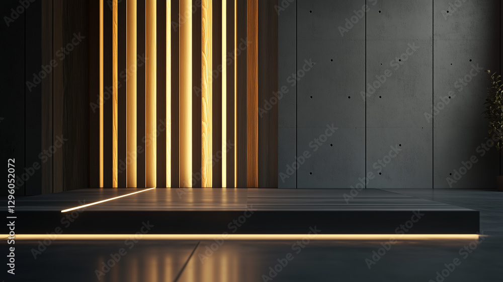 a modern room features a raised platform and a black wall with geometric panels a modern room features a raised platform and a black wall with geometric panels