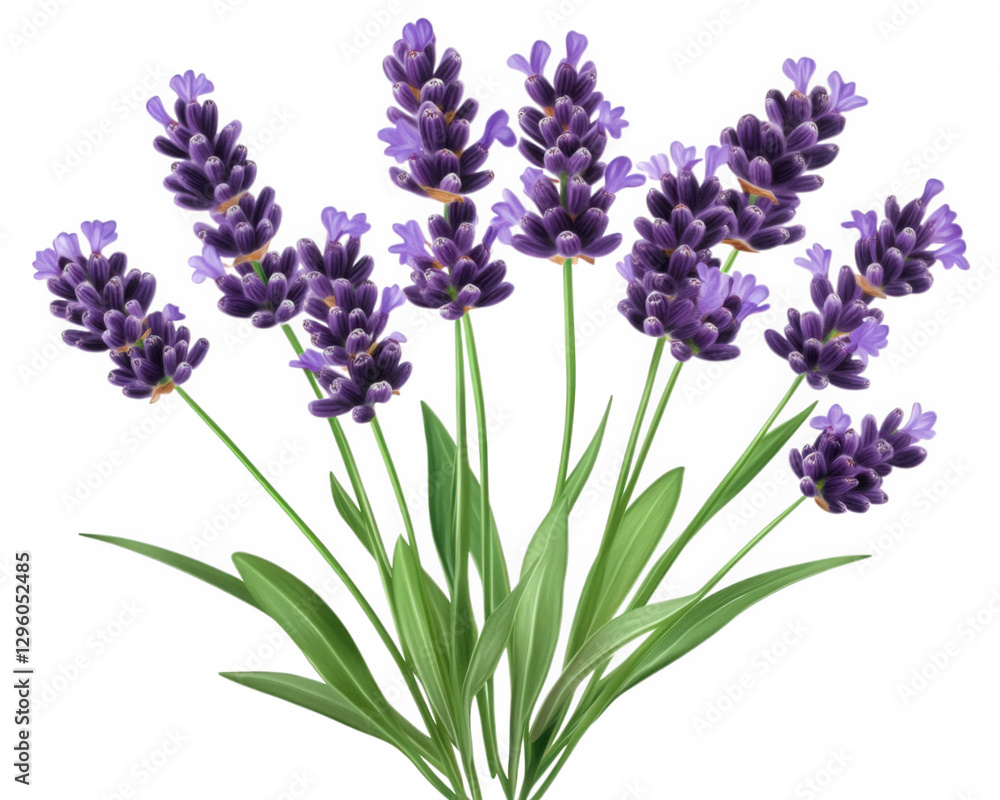 Fototapeta premium Lavender flowers in vibrant bouquet, showcasing rich purple hues and lush green leaves, perfect for adding touch of nature beauty to any design