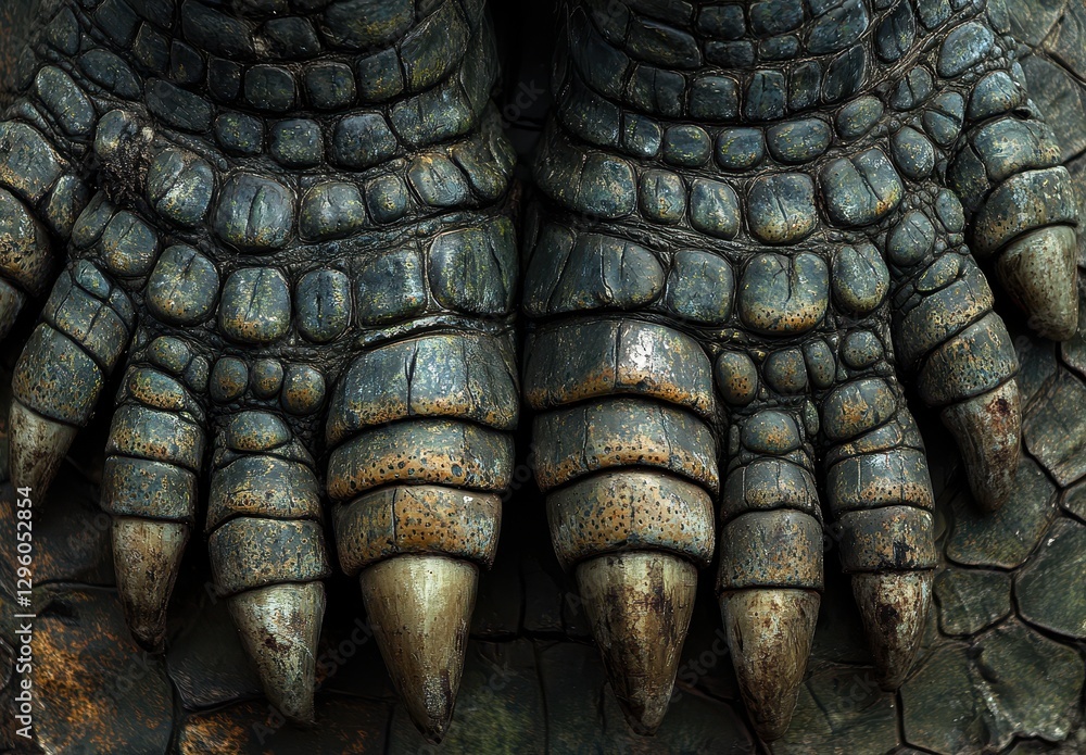 Fototapeta premium Detailed Close-Up of Lifelike Reptilian Feet with Scaly Textures and Sharp Claws on a Stone Background