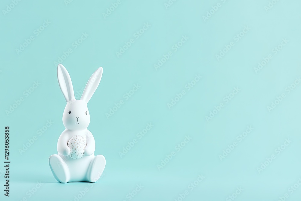 Fototapeta premium Ceramic bunny figurine on soft mint background, symbolizing spri