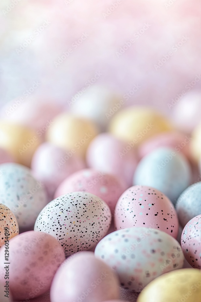 Colorful Easter eggs scattered in soft pastel hues create festiv Colorful Easter eggs scattered in soft pastel hues create festiv