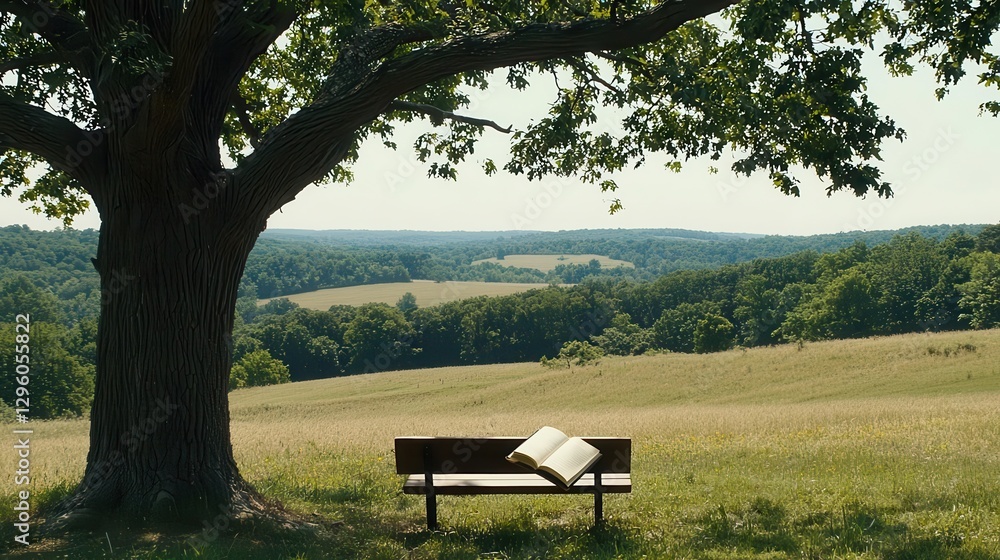 Naklejka premium Tranquil Vista Book on Bench Under Tree Shade