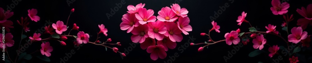 Fototapeta premium A striking black background accentuates a stunning heart-shaped arrangement of vibrant pink flowers, heart, flowers