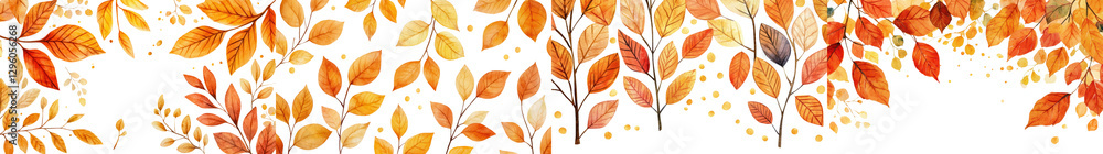 Breathtaking display of vivid autumn foliage with cascading leaves in shades of orange yellow and red against a clean white background Breathtaking display of vivid autumn foliage with cascading leaves in shades of orange yellow and red against a clean white background