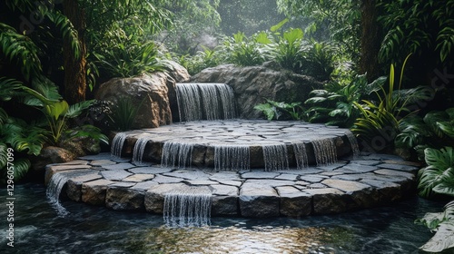 Podium made of stone surrounded by small waterfalls