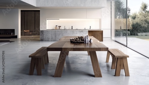 Modern Minimalist Dining Room With Wooden Table And Benches