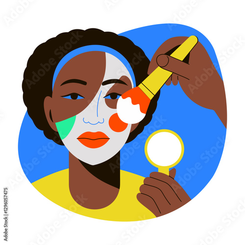 A flat style illustration of a woman applying foundation on her face