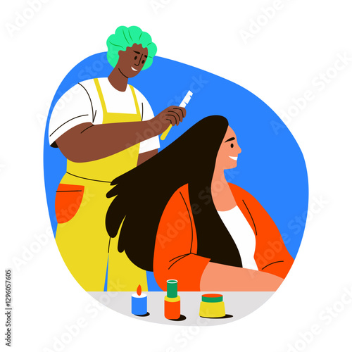 Hair stylist combing her client hair, flat style illustration