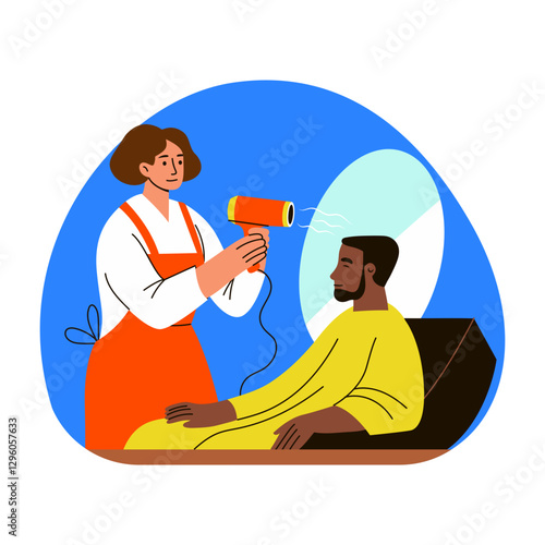 A barber blow drying hair of his client, flat style illustration