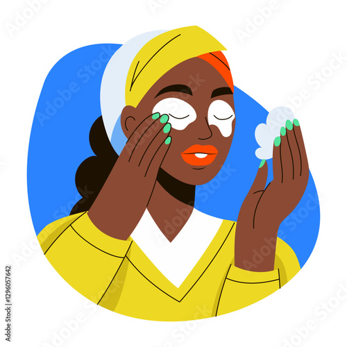 A flat style illustration of a girl applying cream on her face
