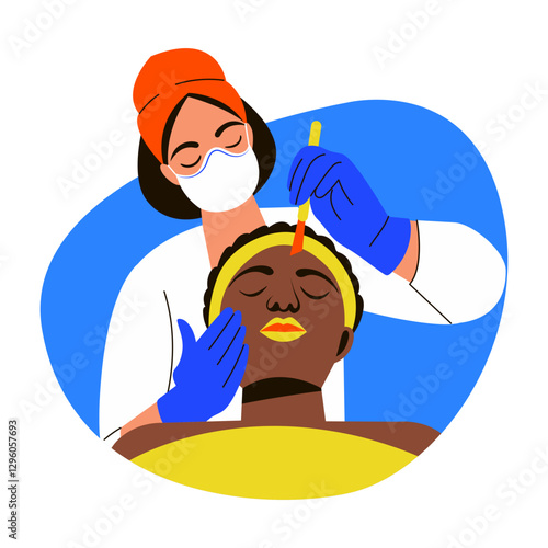 A flat style illustration of a beautician doing dermaplaning treatment