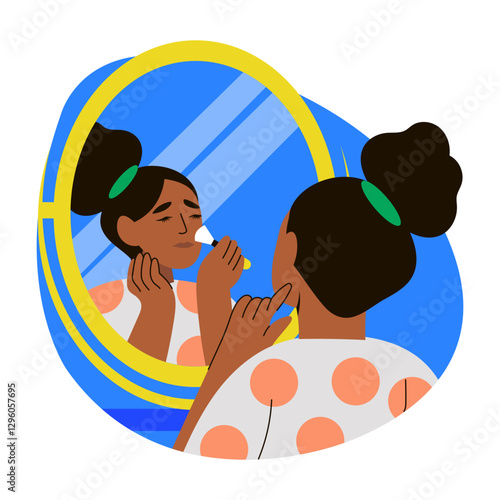 A flat style illustration of a girl applying brush on her cheeks