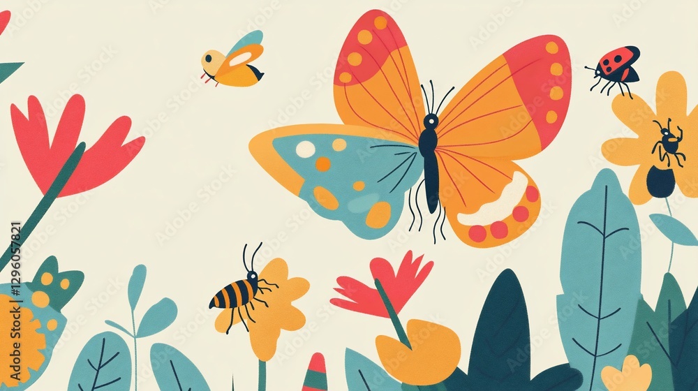 Whimsical Illustration of Butterflies and Insects Amidst Stylized Flowers and Foliage Whimsical Illustration of Butterflies and Insects Amidst Stylized Flowers and Foliage