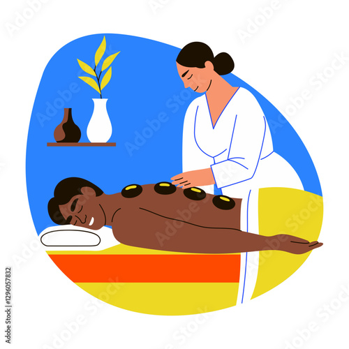 A flat style illustration of a woman doing stone massage to a character