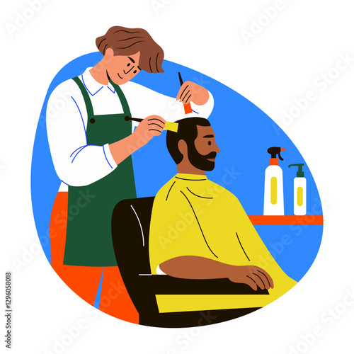 A flat style illustration of a barber applying hair dye on a character