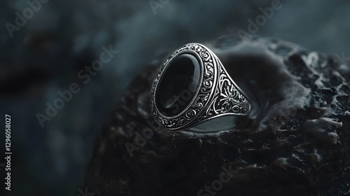 A black onyx signet ring with silver gothic engravings, floating on a dark backdrop