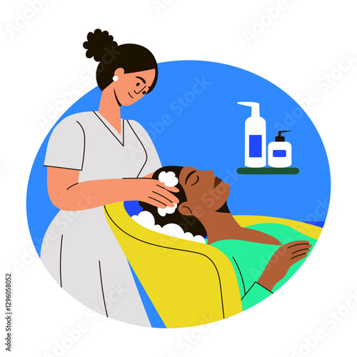 A flat style illustration of a beautician giving hair spa to her client