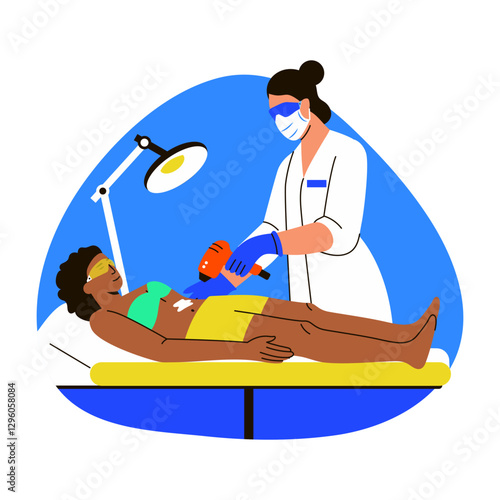 A flat style illustration of a character doing hair removal treatment from a doctor