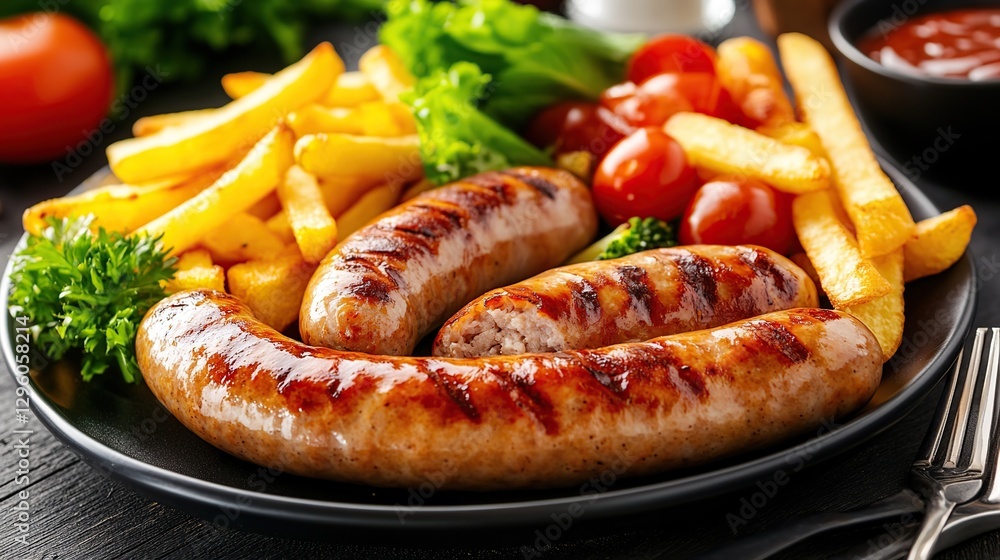 Grilled sausages with vegetables served with French fries, vegetables and sauce on a plate Grilled sausages with vegetables served with French fries, vegetables and sauce on a plate