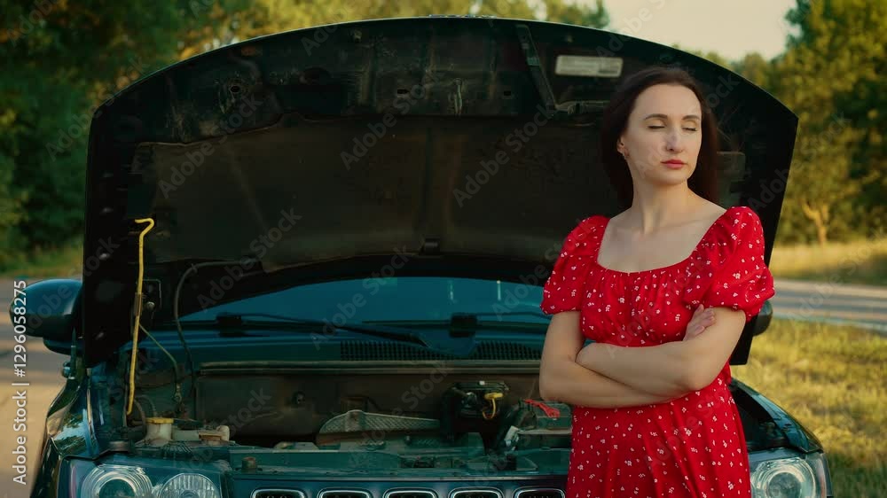 Woman standing with arms crossed in front of open hood, waiting for road repair with calm expression. Female near broken car looking thoughtful, anticipating roadside assistance. Lady standing