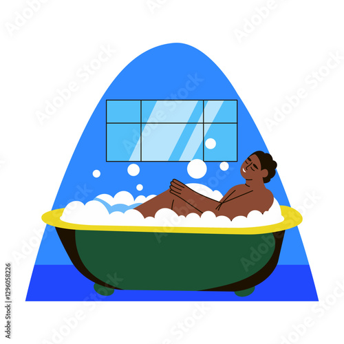 A flat style illustration of a character taking bubble bath
