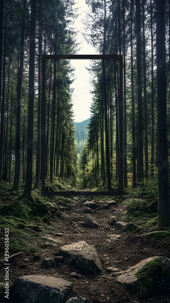 Fototapeta premium A forest path leads to a distant mountain framed by trees