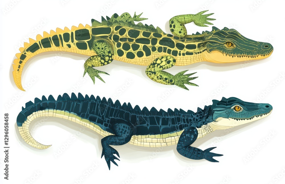 Fototapeta premium Detailed Illustration of Two Distinct Crocodilian Species Showcasing Unique Patterns and Colors in Vibrant Artistic Style