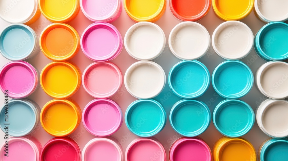 A stack of empty yogurt containers with colorful lids, collected for recycling, promoting sustainability and responsible consumption. A stack of empty yogurt containers with colorful lids, collected for recycling, promoting sustainability and responsible consumption.
