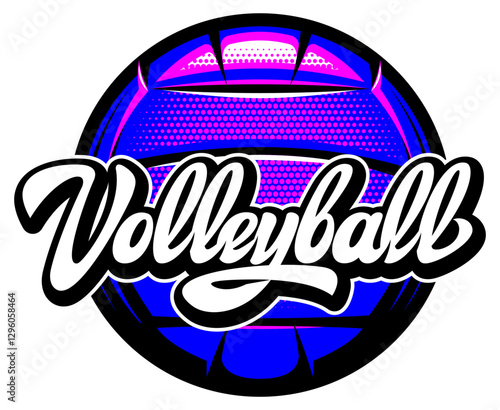 A vibrant volleyball logo with bold colors and stylish cursive text for a dynamic and eye-catching design.