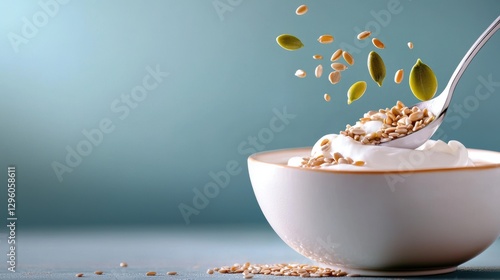 A close up shot of a spoon digging into a bowl of yogurt topped with a mix of pumpkin seeds, sunflower seeds, and flaxseeds, emphasizing the nutritional value of seeds.