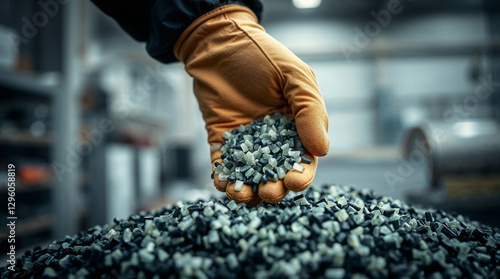 Hands wearing gloves holding plastic flakes at a plastic waste recycling plant, recycling concept