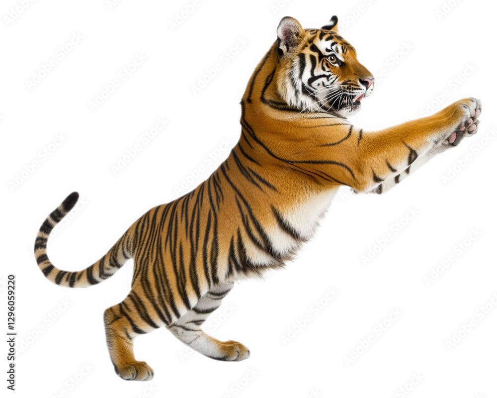 Obraz premium tiger leaping gracefully with its powerful limbs extended, showcasing its vibrant orange and black stripes. This majestic animal embodies strength and agility in motion