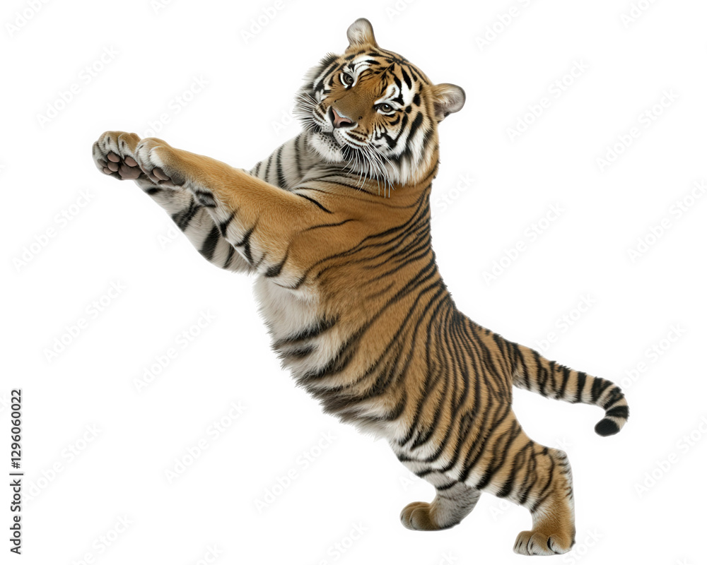 Obraz premium tiger performing exaggerated dance moves, showcasing its playful and comical side. This lively depiction captures essence of fun and energy in vibrant manner