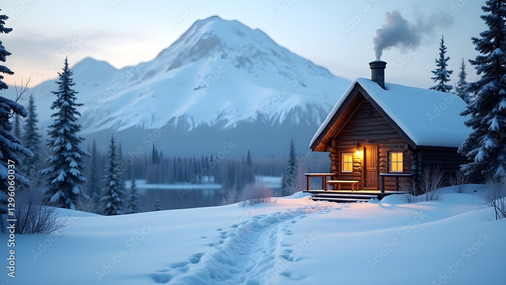 Cozy Cabin in a Snowy Winter Landscape with Mountain Views Cozy Cabin in a Snowy Winter Landscape with Mountain Views