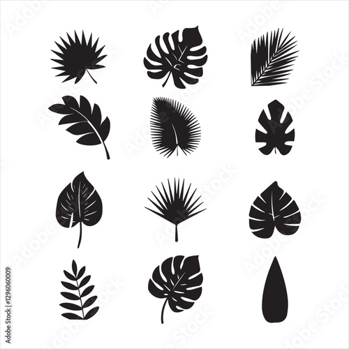 Set of vector leaves silhouette, natural tropical leaves collection on a white background 