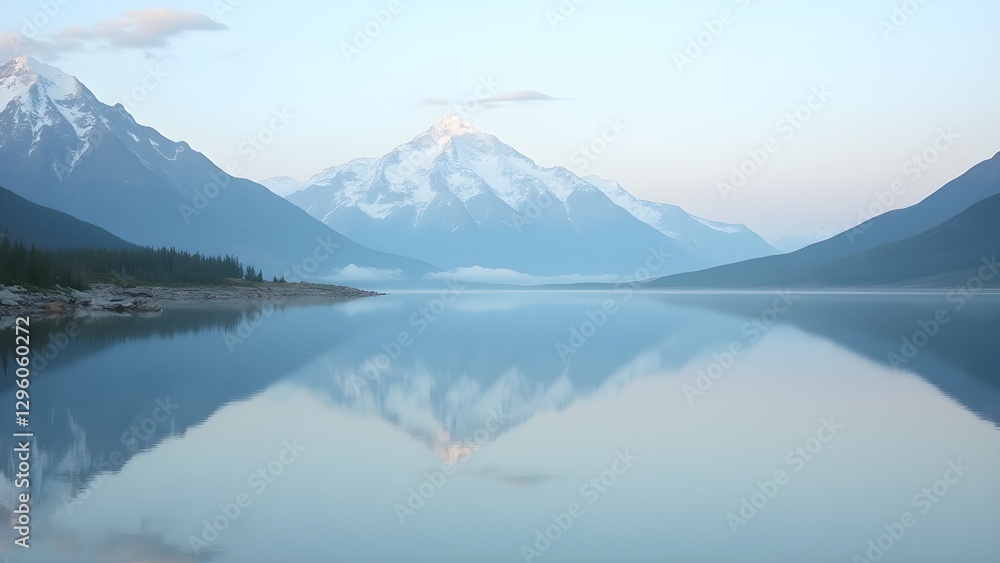 Majestic Snowy Mountains Reflecting in a Calm Lake at Dawn - Panoramic Vista Majestic Snowy Mountains Reflecting in a Calm Lake at Dawn - Panoramic Vista