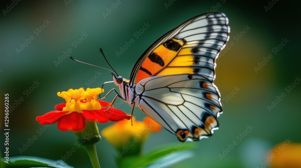 Fototapeta premium Vibrant monarch butterfly with open wings, nectar feeding on a bright pink zinnia flower close up