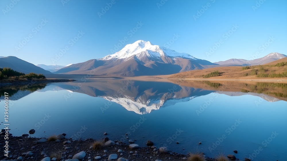Mirror Mountain Lake Reflection Under Clear Sky, Serene Landscape, Calm Waters, Peaceful Scenery Mirror Mountain Lake Reflection Under Clear Sky, Serene Landscape, Calm Waters, Peaceful Scenery