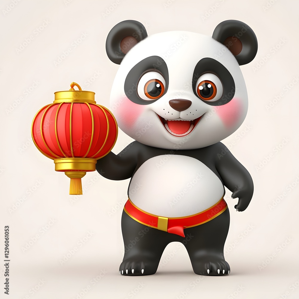 Naklejka premium Cheerful Panda Holding Red Lantern 3D Render