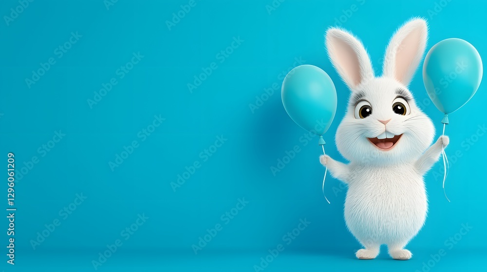Cheerful White Bunny with Blue Balloons on Blue Background Cheerful White Bunny with Blue Balloons on Blue Background